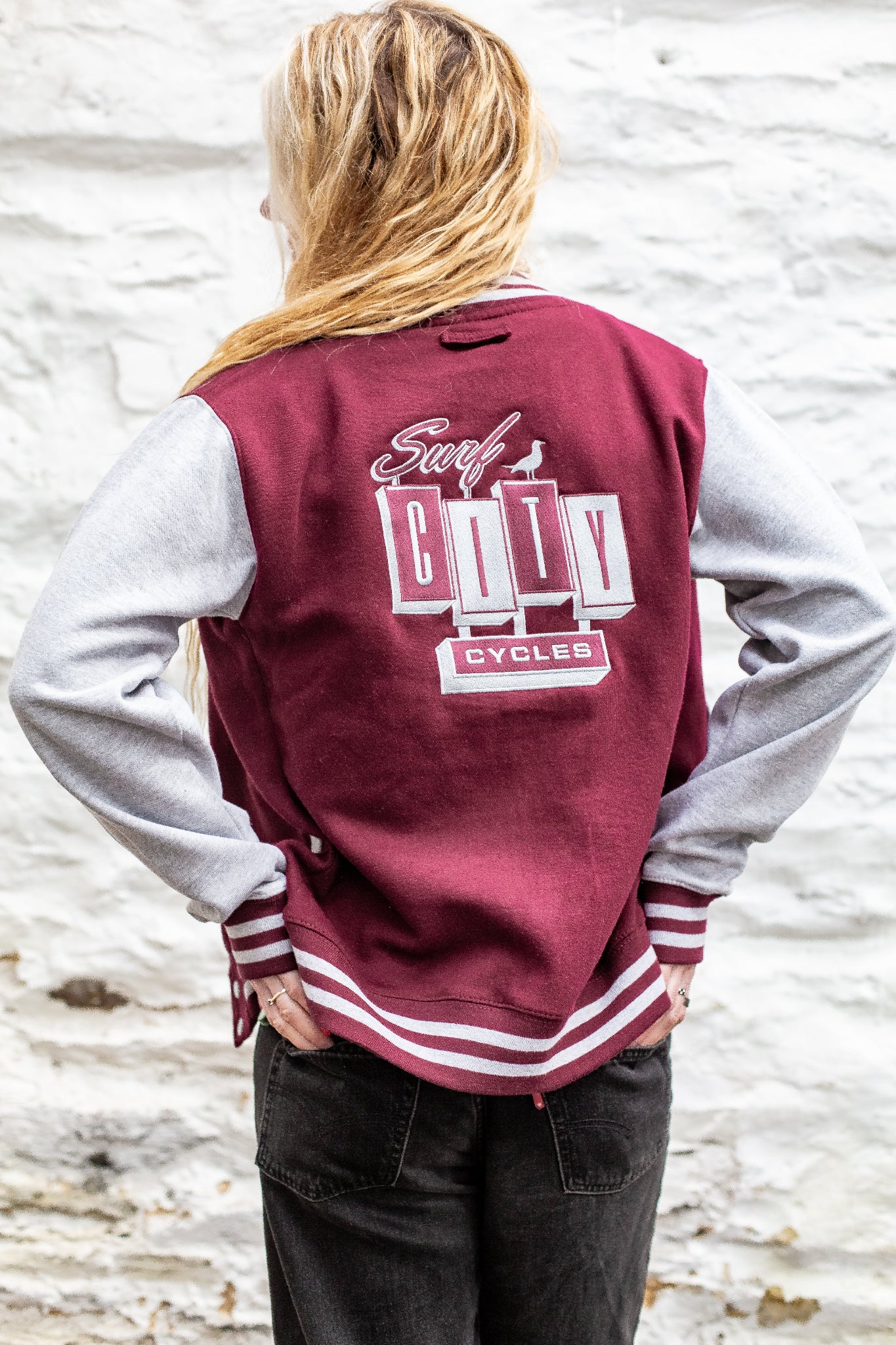 Burgundy and heather varsity jacket by Surf City Cycles, back view, unisex