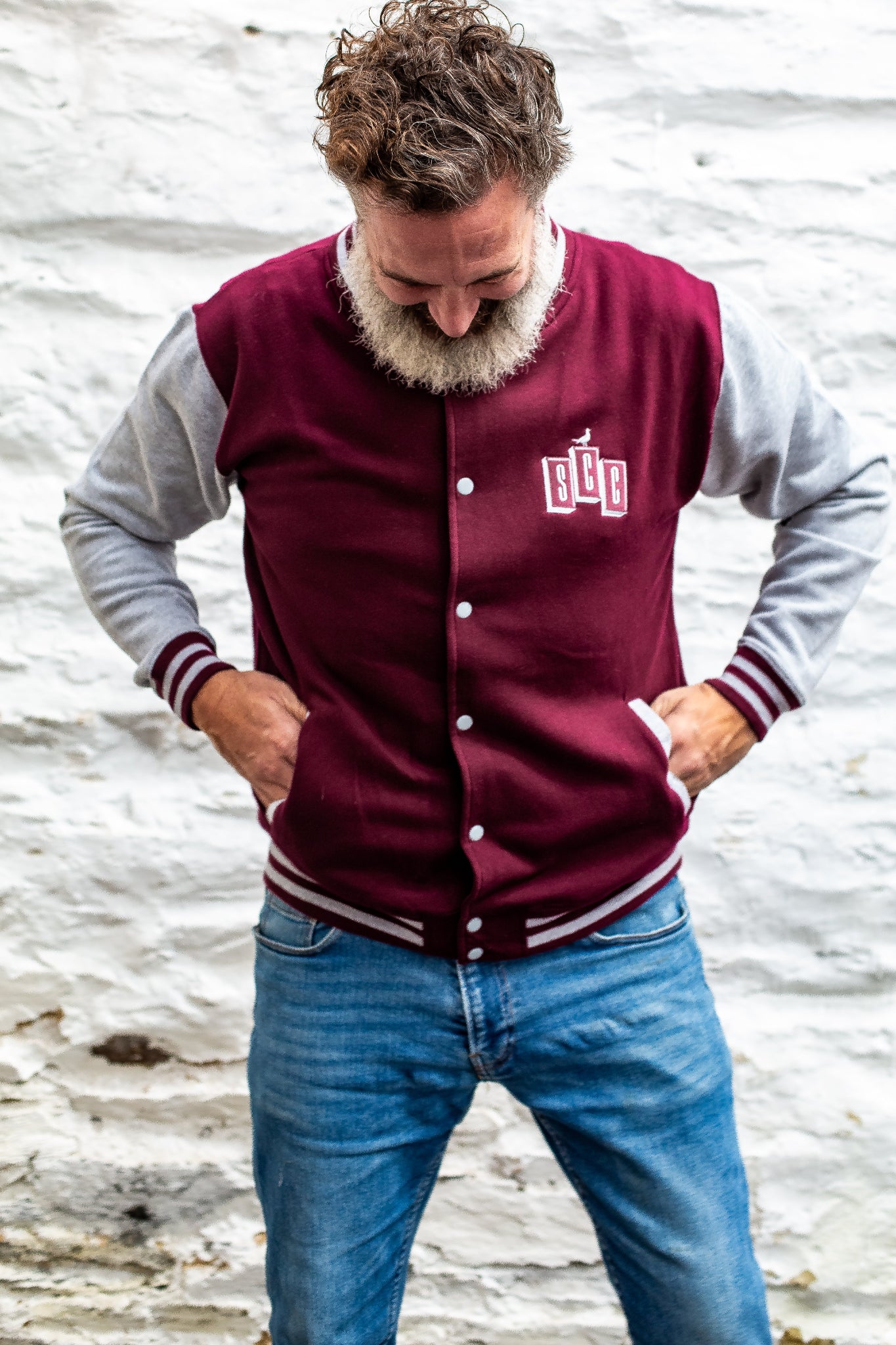 Burgundy and heather varsity jacket by Surf City Cycles, front view, unisex