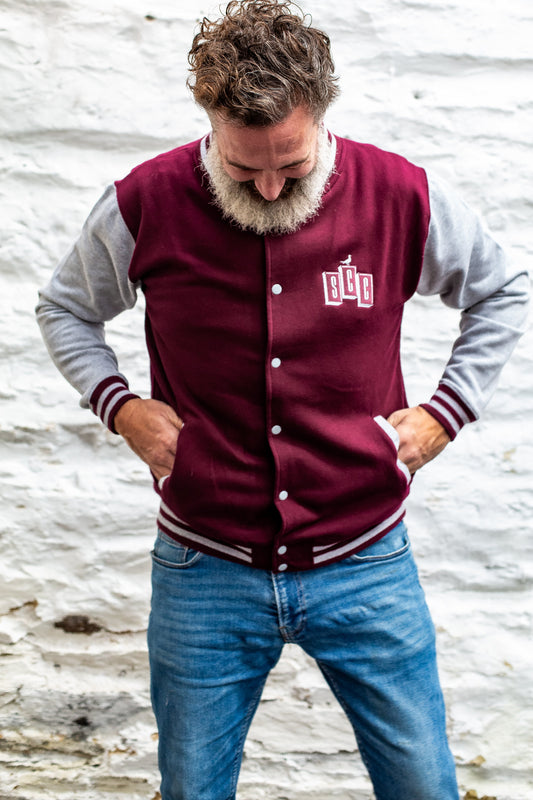 Burgundy and heather varsity jacket by Surf City Cycles, front view, unisex