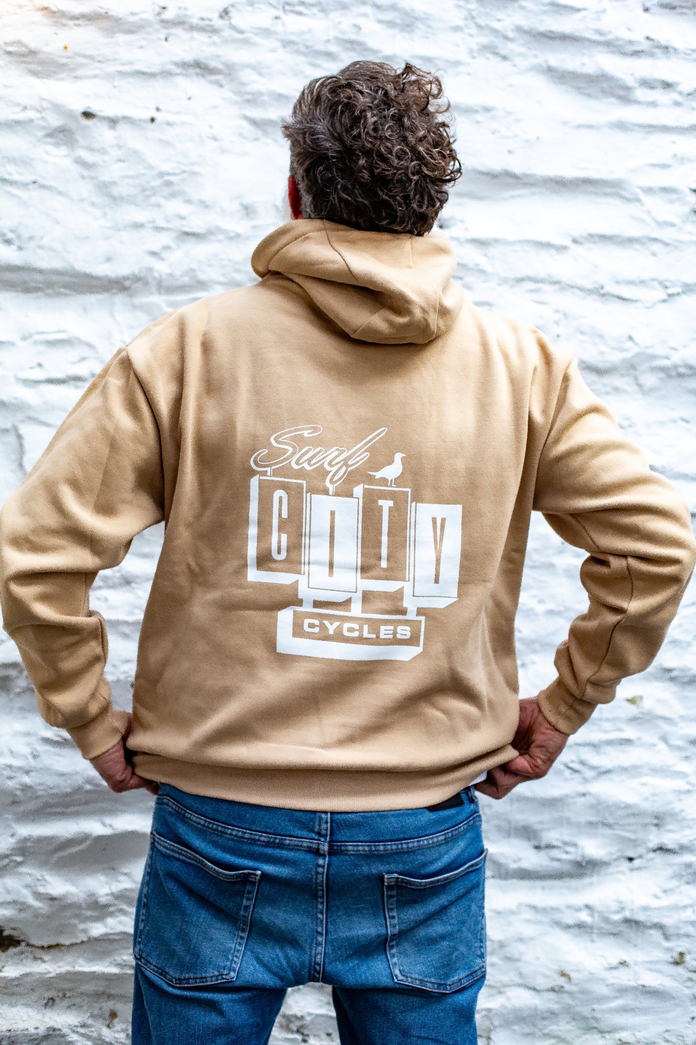 Desert Sand pullover hoodie by Surf City Cycles, back view, cotton fleece, unisex