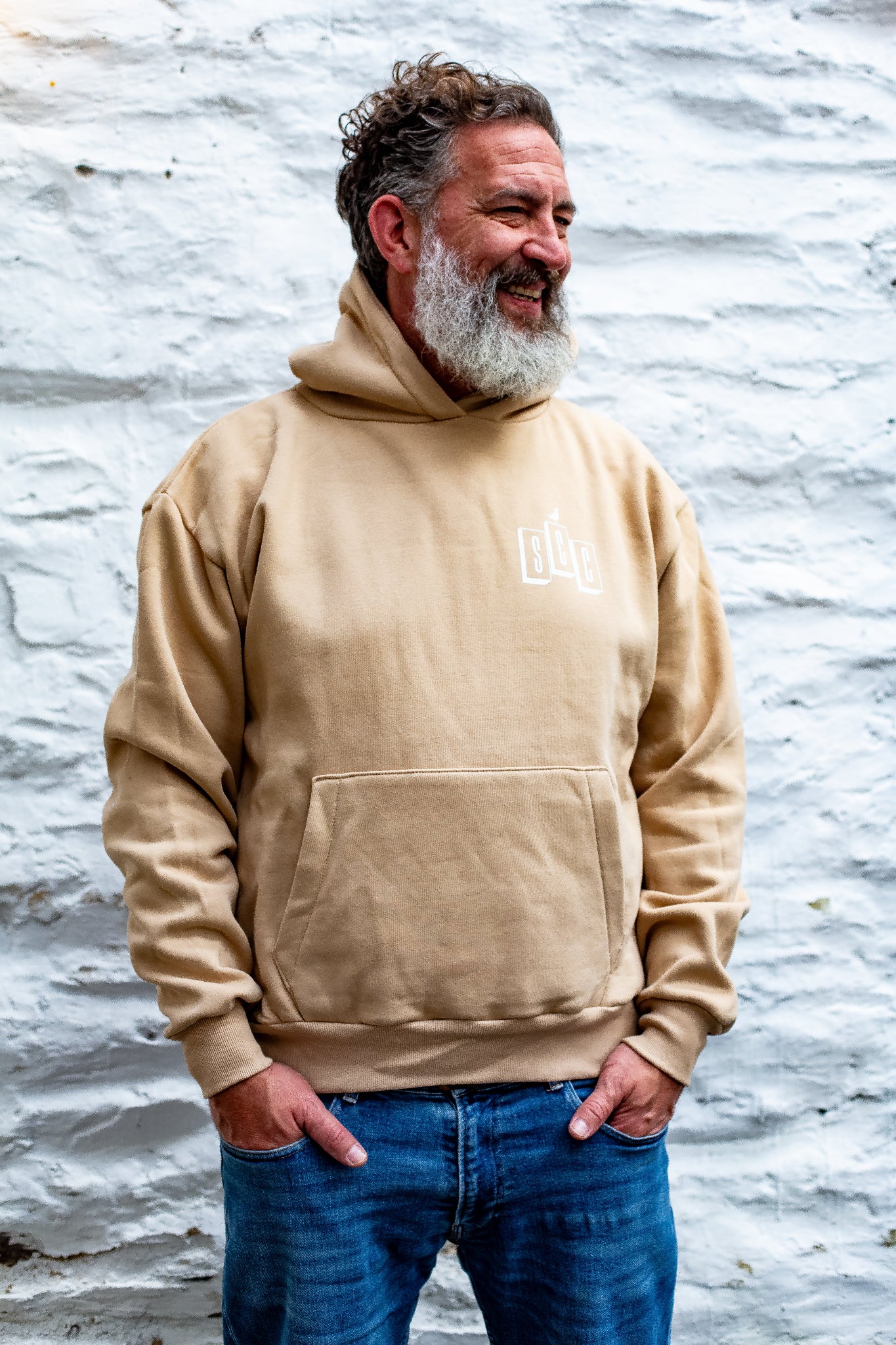 Desert Sand pullover hoodie by Surf City Cycles, front view, cotton fleece, unisex