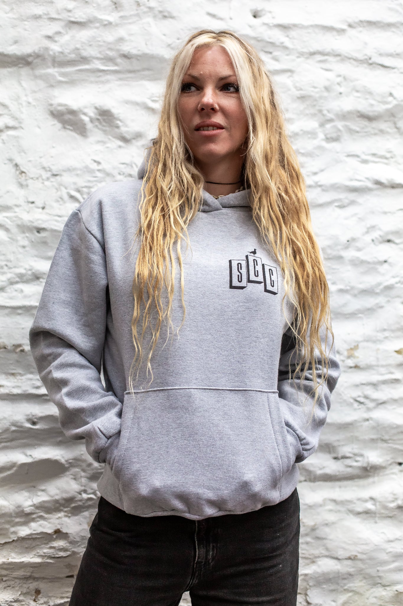 Heather Grey pullover hoodie by Surf City Cycles, front view, cotton fleece, unisex