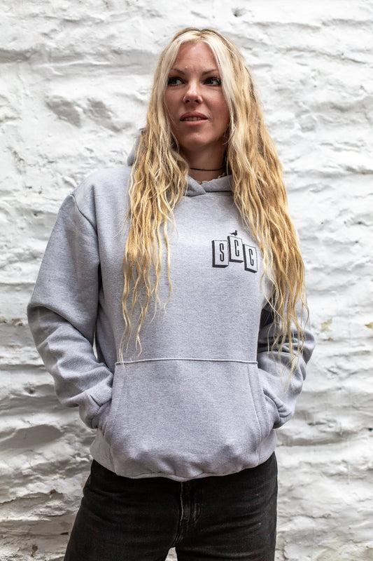 Heather Grey pullover hoodie by Surf City Cycles, front view, cotton fleece, unisex