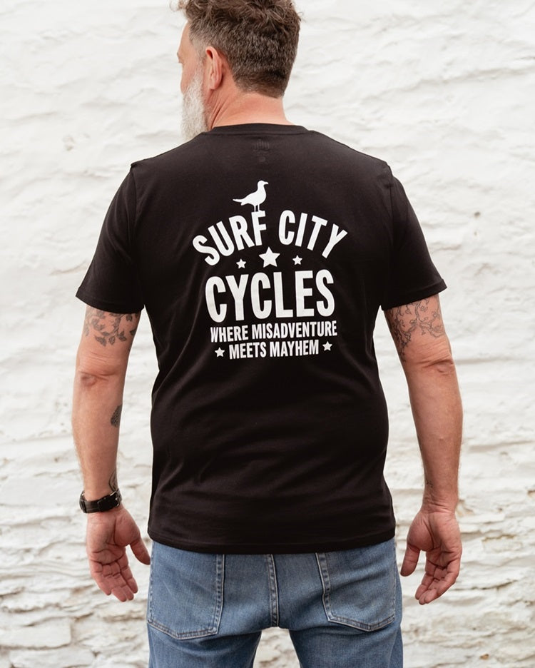 Black Surf City Cycles Misadventure T-shirt back view worn by male model