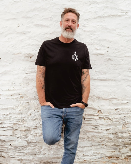 Black Surf City Cycles Misadventure T-shirt front view worn by male model