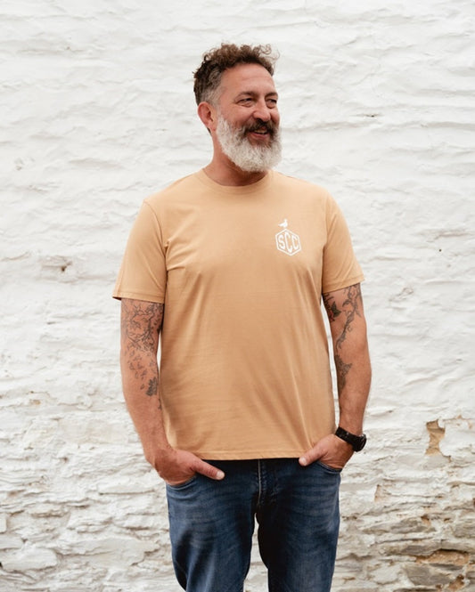 Latte Surf City Cycles Misadventure T-shirt front view worn by male model