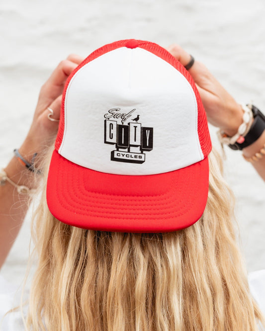 Red and white OG Logo trucker cap by Surf City Cycles, front view, unisex