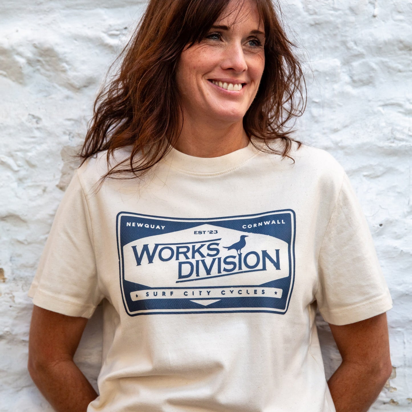 The Works Division Heavy Utility Tee in Natural, showing the relaxed unisex fit